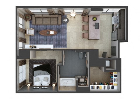 Floor plan for 1 bed, 1 bath, 730 sqft